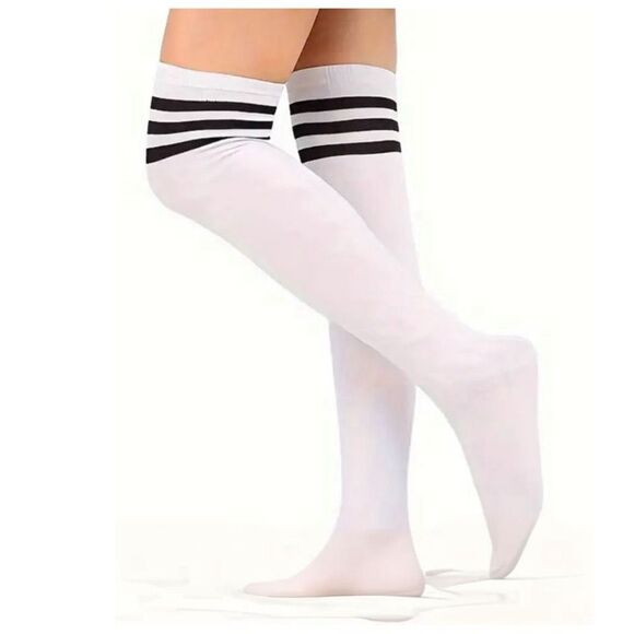 White Thigh-High Socks With Black 3-Stripe Over-Knee-One Size - Picture 3 of 8